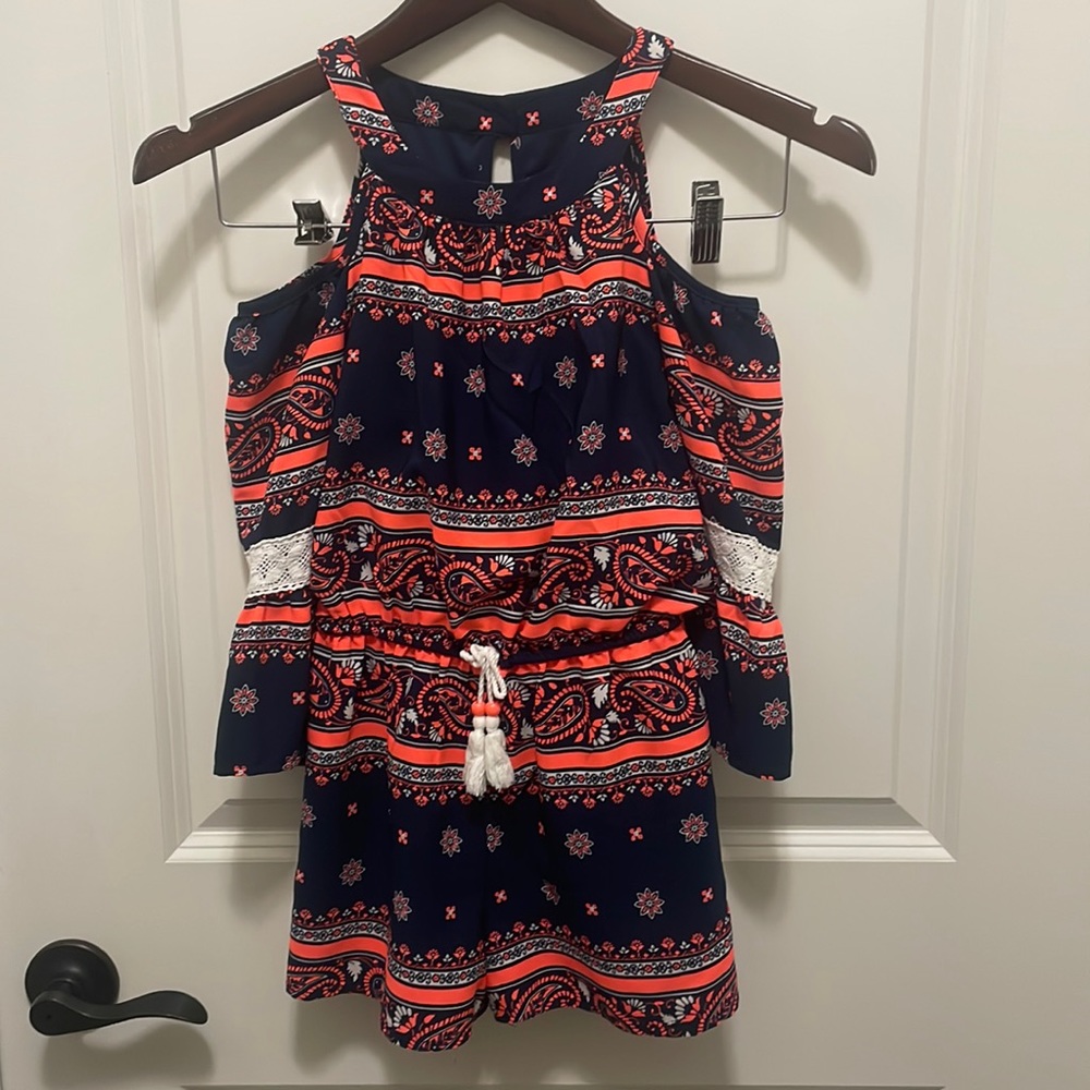 My Michelle girls cold shoulder romper size small blue & coral paisley print
